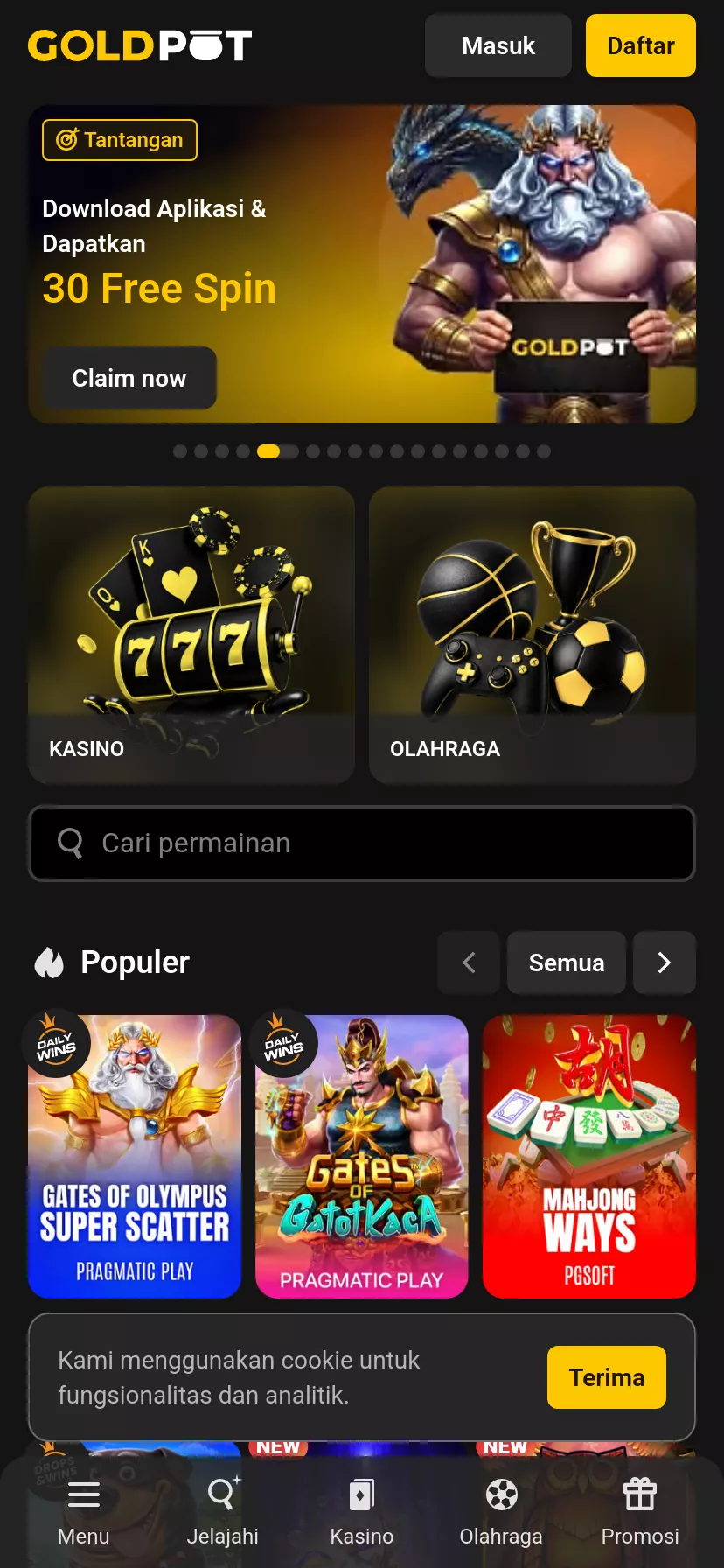 Mobile screen. Goldpot 100% up to Rp1000000 + 300 FS