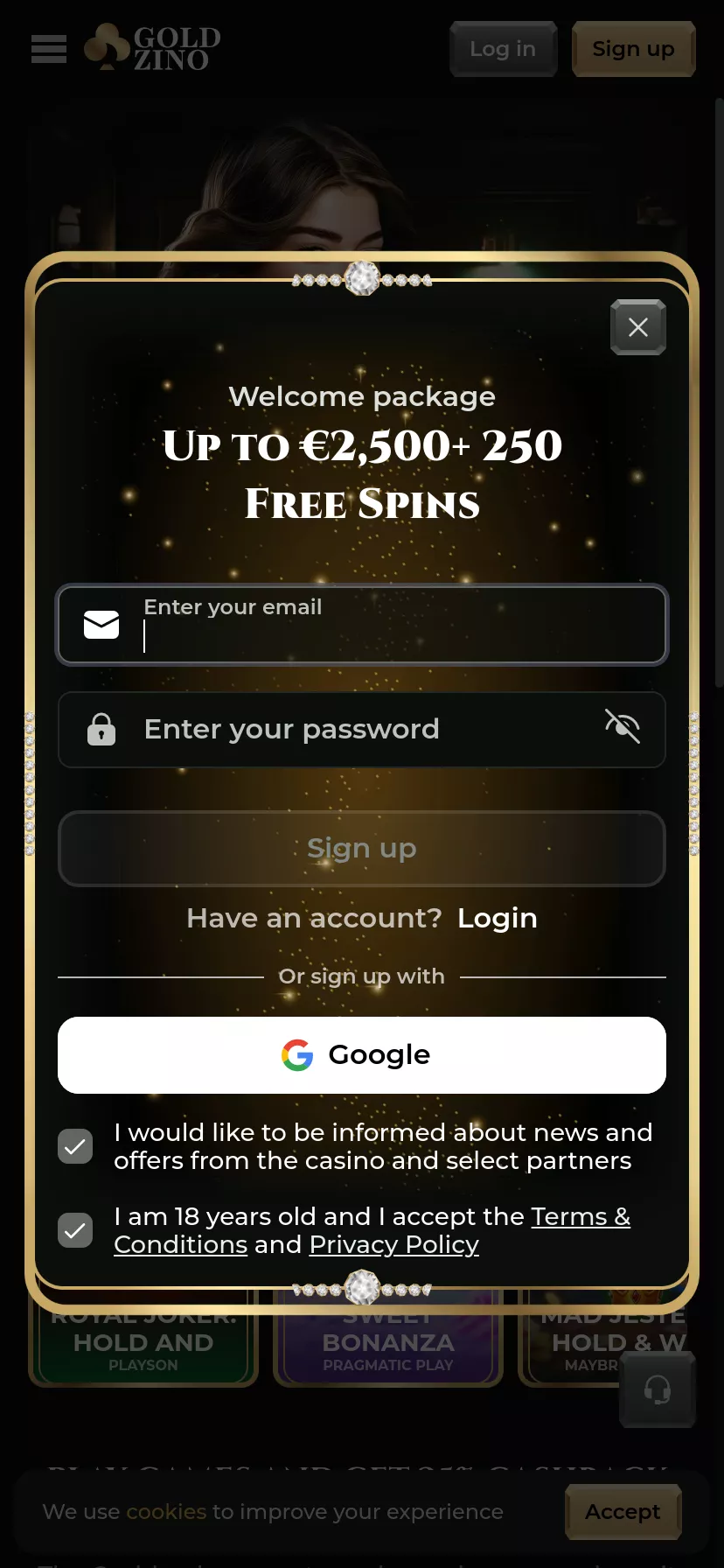 Mobile screen. Goldzino Get 25% cashback