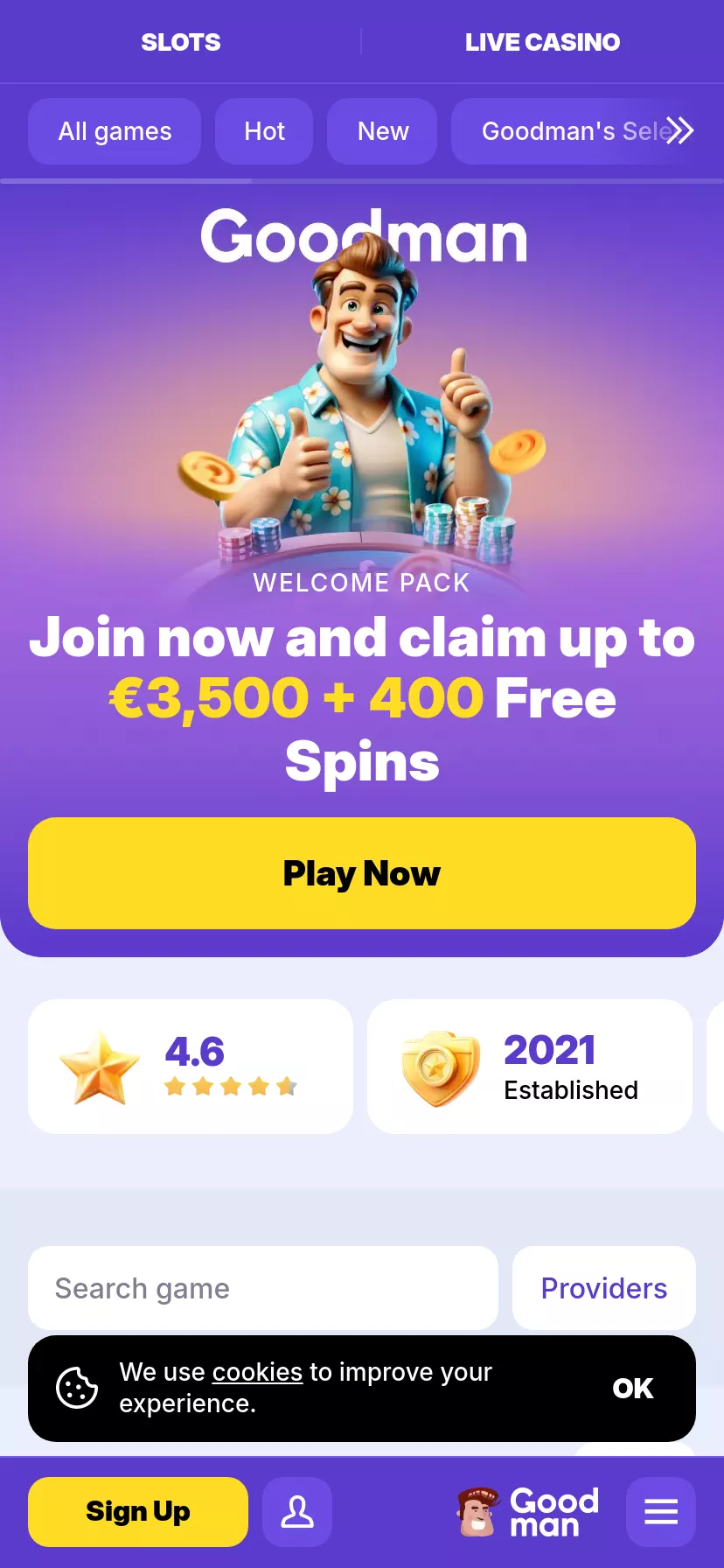 Mobile screen. GoodMan Casino Up to $3500 + 400 FS