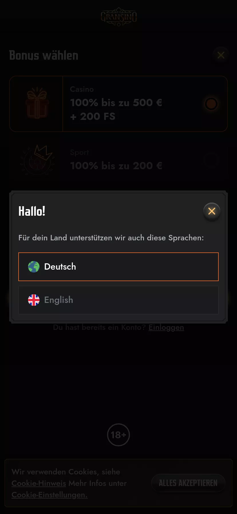 Mobile screen. Gransino Casino Up to €1000