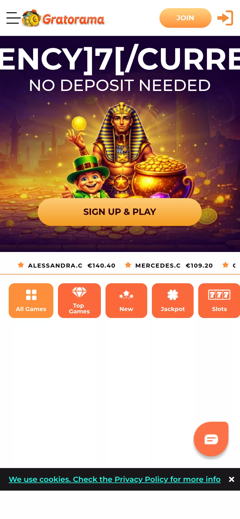 Mobile screen. Gratorama 100% up to $200