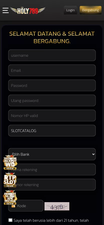 Mobile screen. HOLY789 100% up to Rp10000