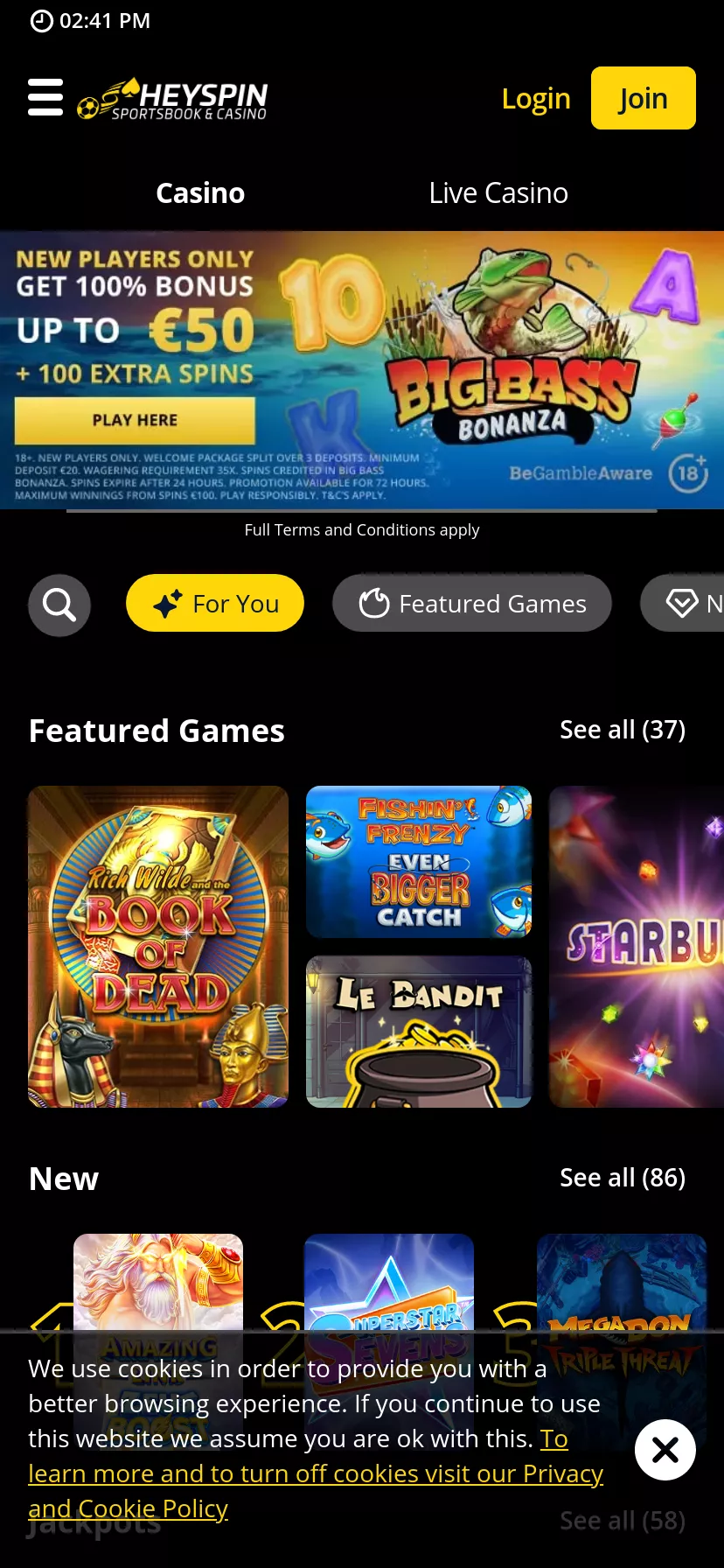 Mobile screen. Hey Spin 100% up to $200 + 100 FS