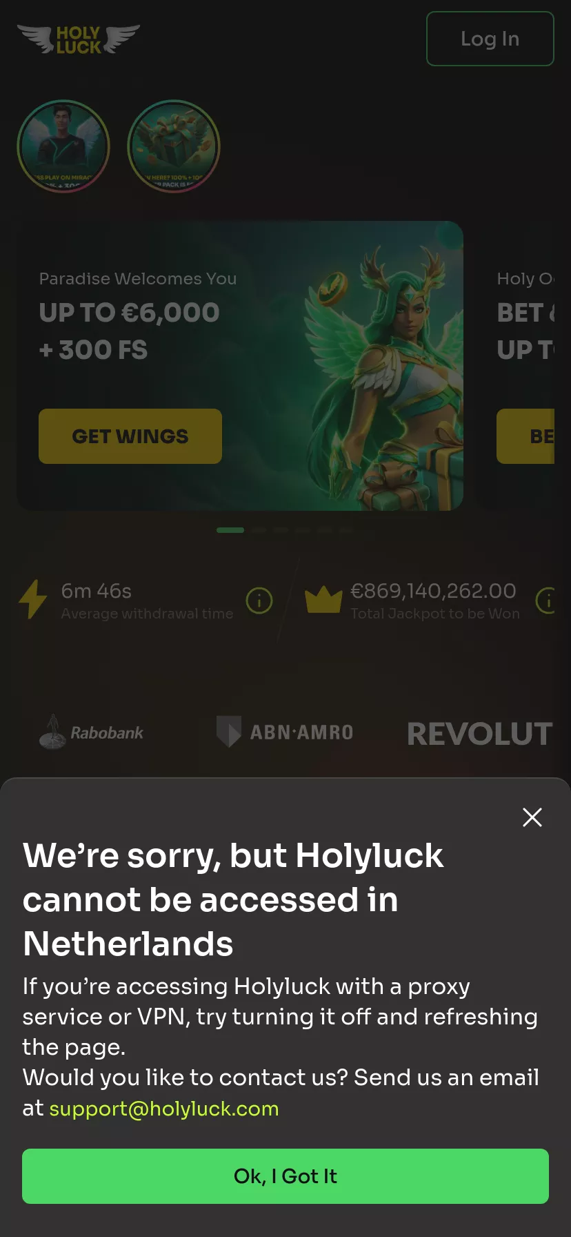 Mobile screen. HolyLuck Up to €6000 + 300 FS