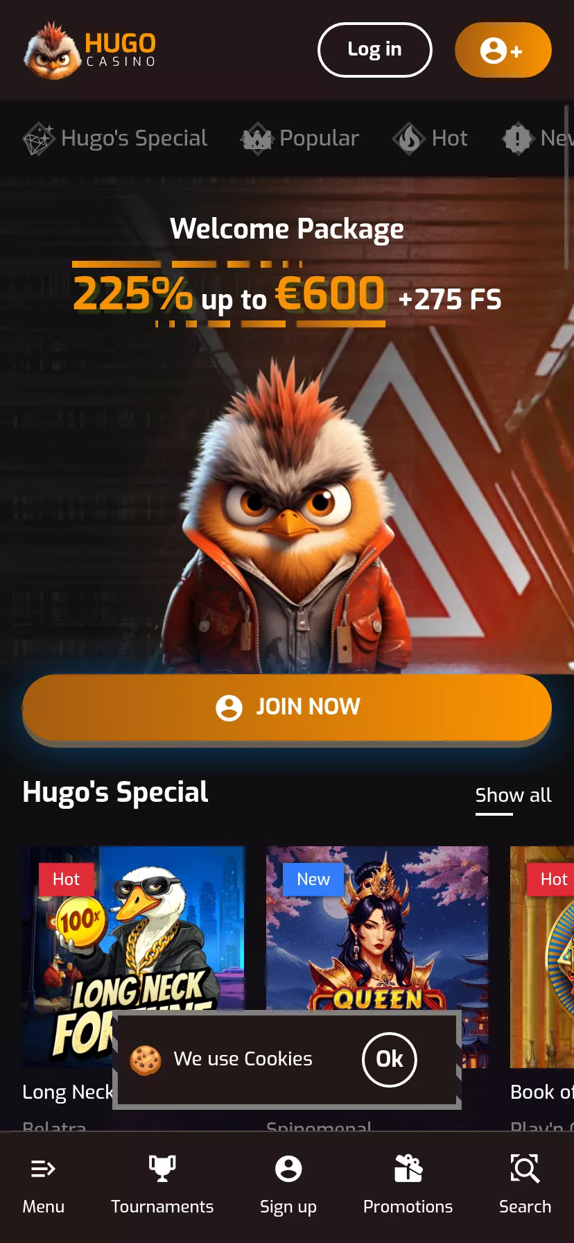 Mobile screen. Hugo Casino Up to $600 + 275 FS