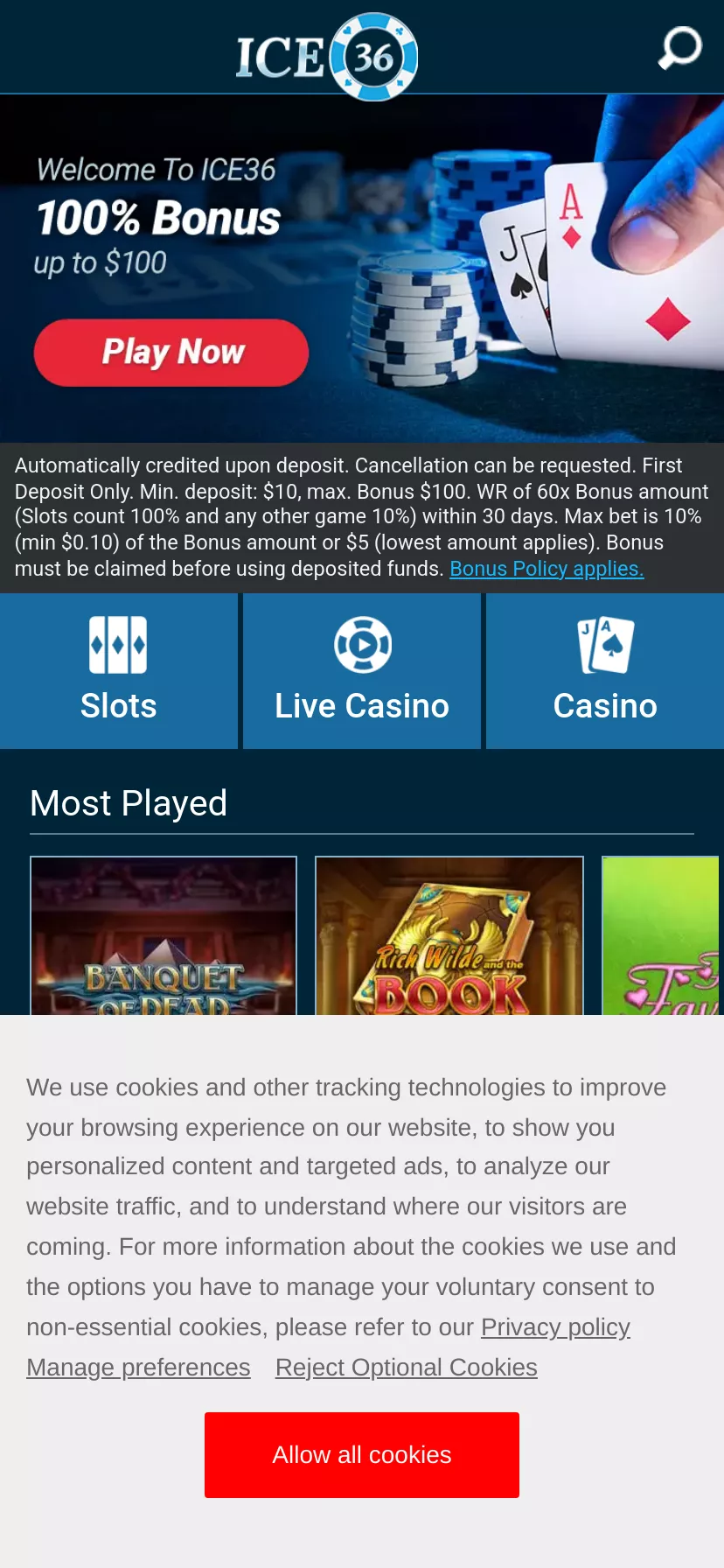 Mobile screen. ICE36 100% up to $100