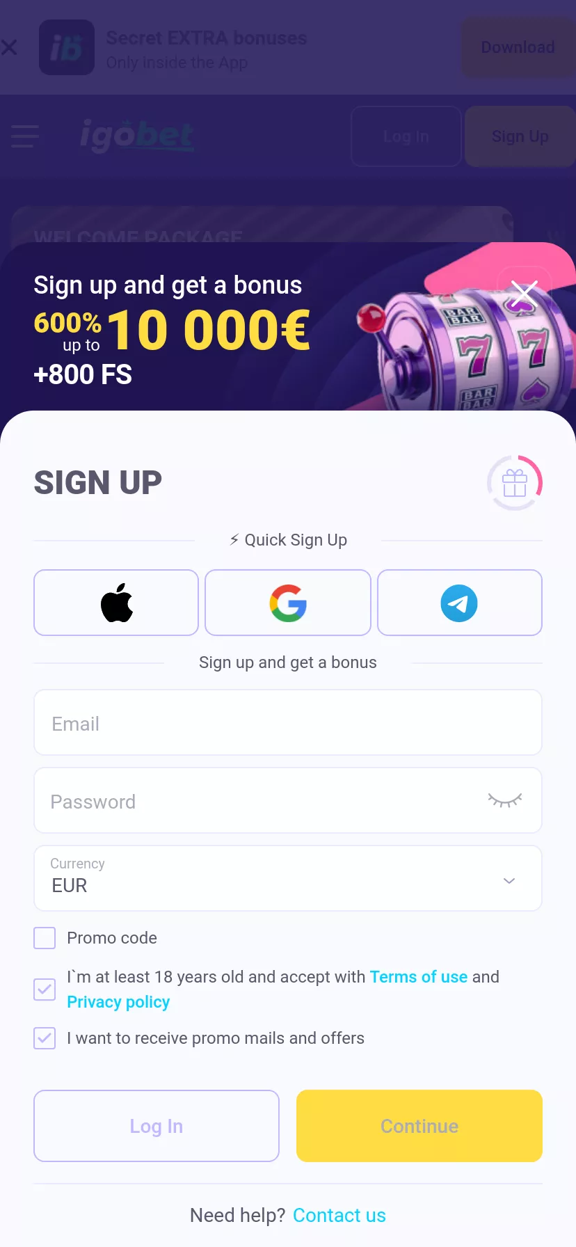 Mobile screen. IgoBet Casino Fino a €10000 + 150 FS