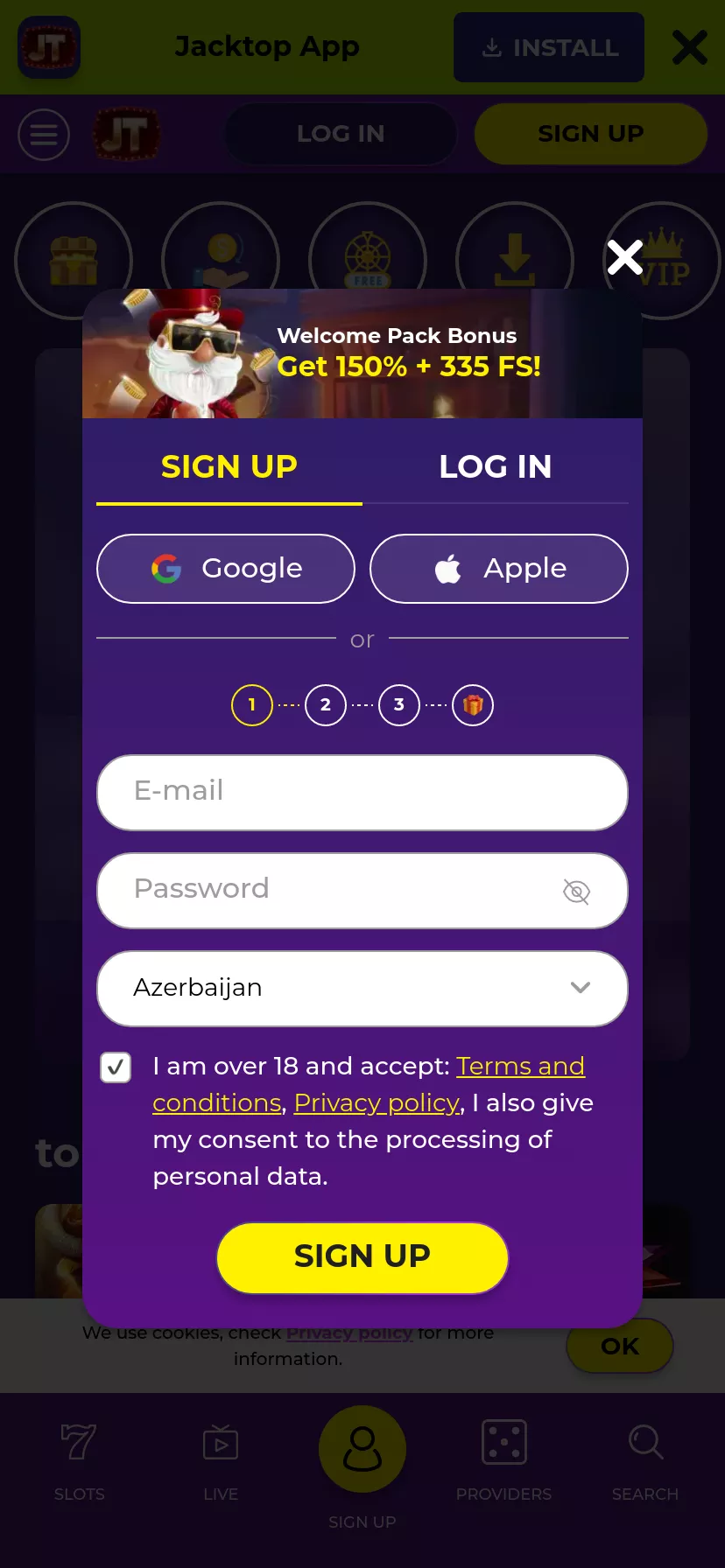 Mobile screen. JackTop Casino Up to $5000 + 335 FS