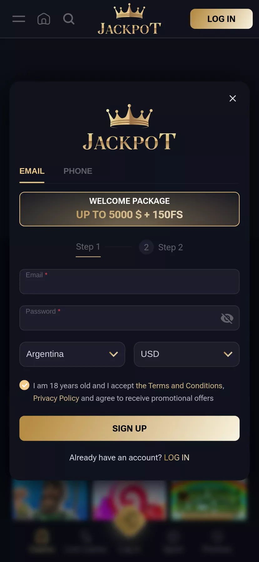 Mobile screen. Jackpot Up to 100 FS