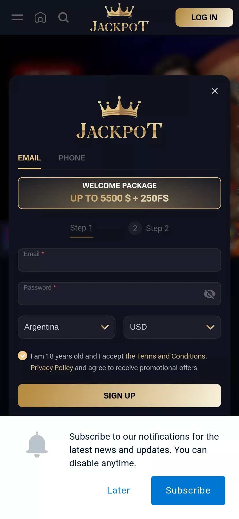 Mobile screen. Jackpot Up to $5500 + 250 FS