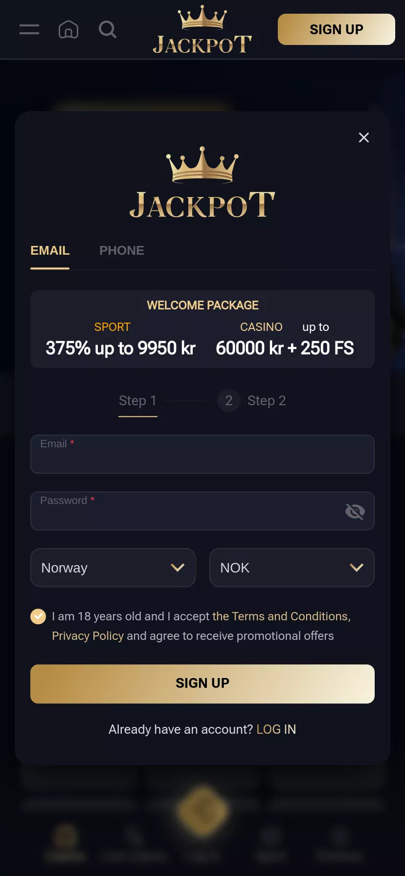 Mobile screen. Jackpot Up to €5500 + 250 FS