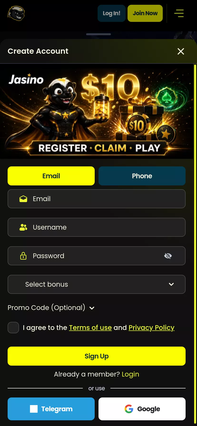 Mobile screen. Jasino Erhalten Sie $10 Testbonus
