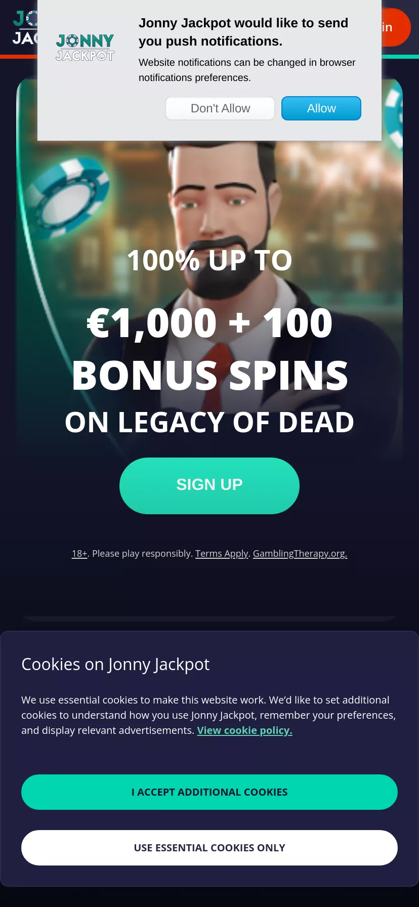 Mobile screen. Jonny Jackpot Up to $1000 + 100 FS