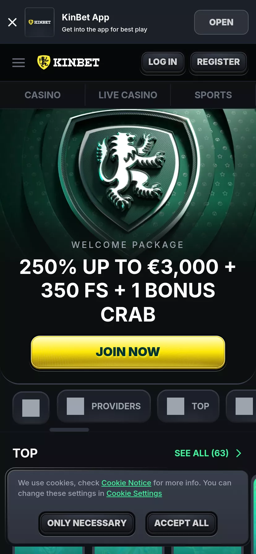 Mobile screen. Kinbet Casino Up to 50 FS