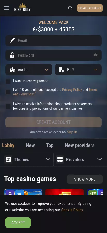 Mobile screen. King Billy Casino 100% bis zu ₿1 + 250 FS