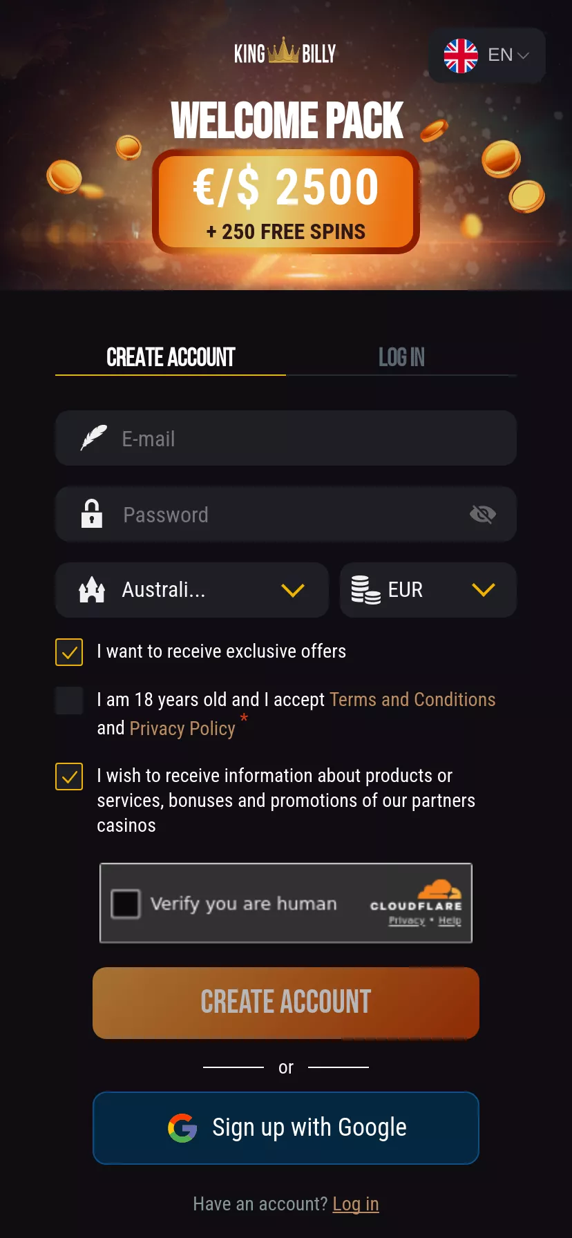 Mobile screen. King Billy Casino Up to $2500 + 250 FS