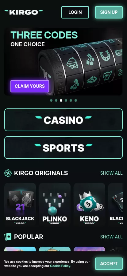 Mobile screen. Kirgo Casino Up to $1200 + 200 FS