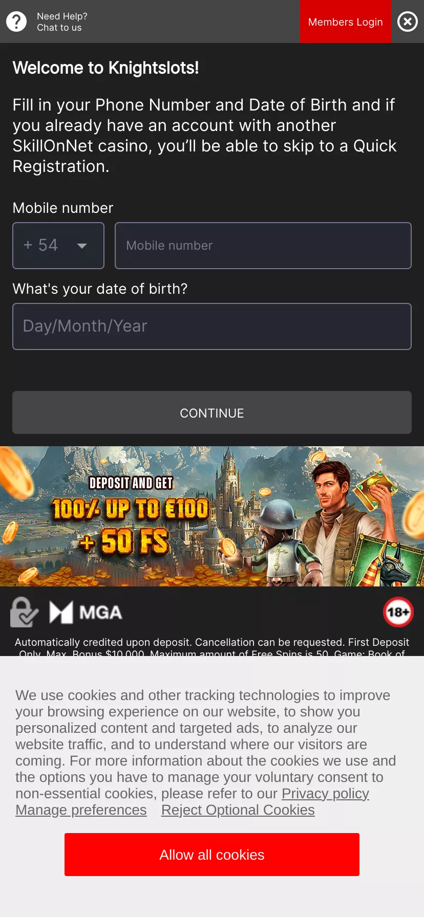 Mobile screen. Knight Slots 100% up to $100 + 50 FS