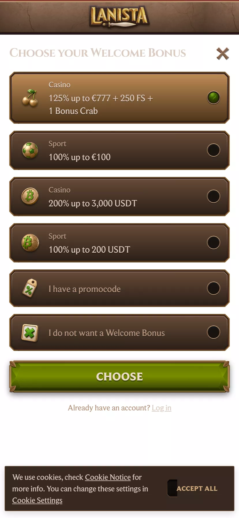 Mobile screen. Lanista 125% up to $777 + 250 FS + 1 Bonus Crab