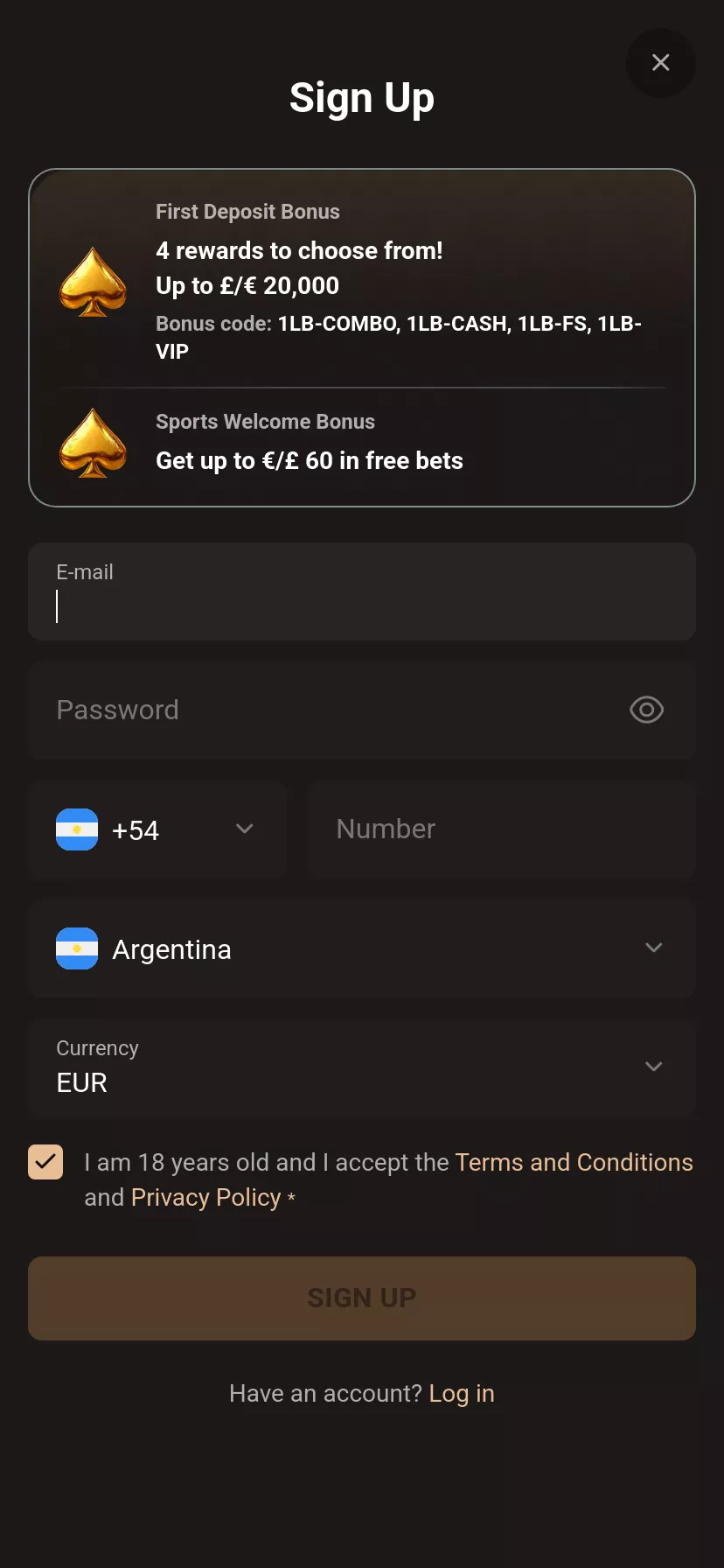 Mobile screen. LegionBet Up to $16000 + 225 FS