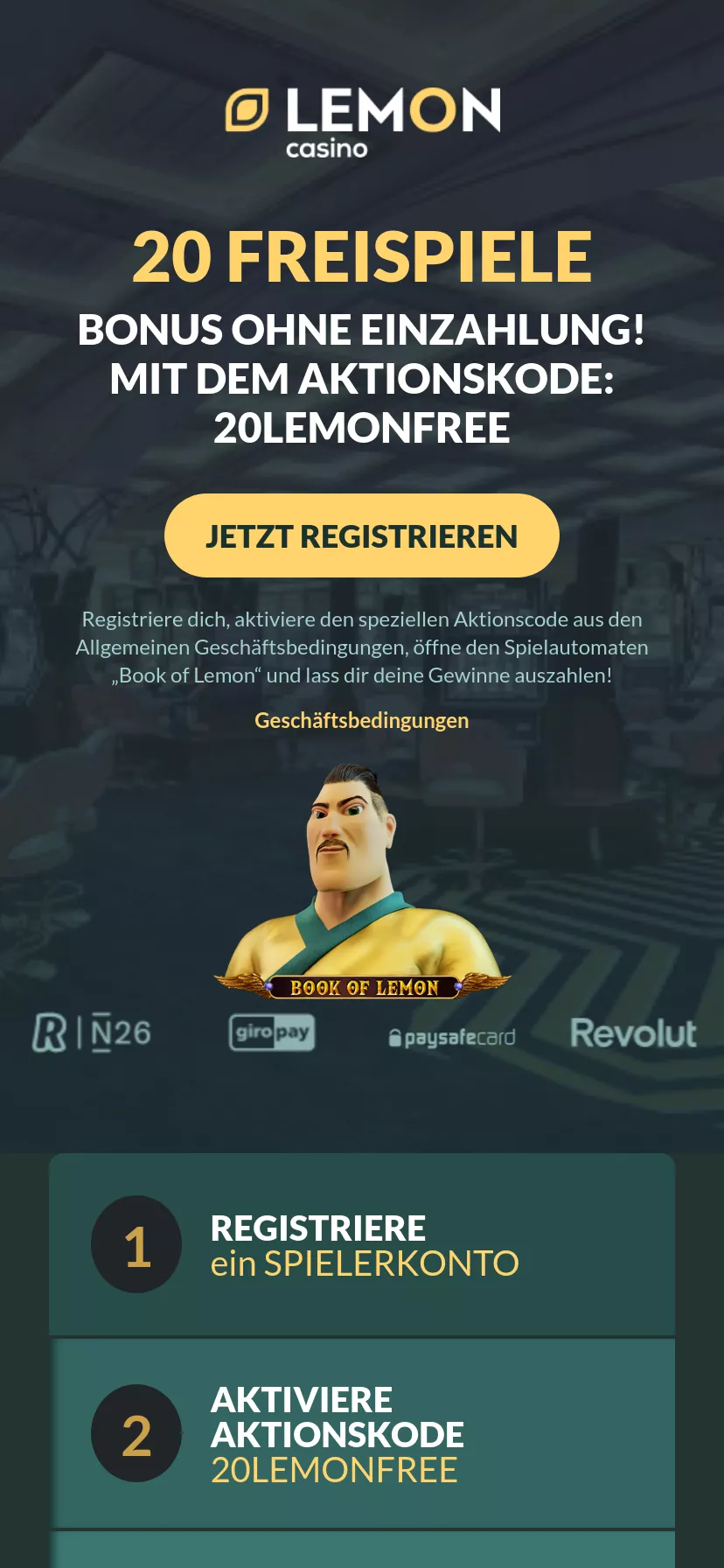 Mobile screen. Lemon Casino Get 20 FS