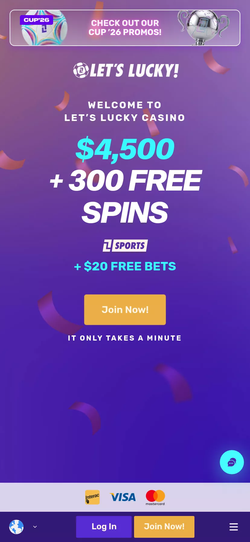 Mobile screen. Lets Lucky Up to $4500 + 300 FS