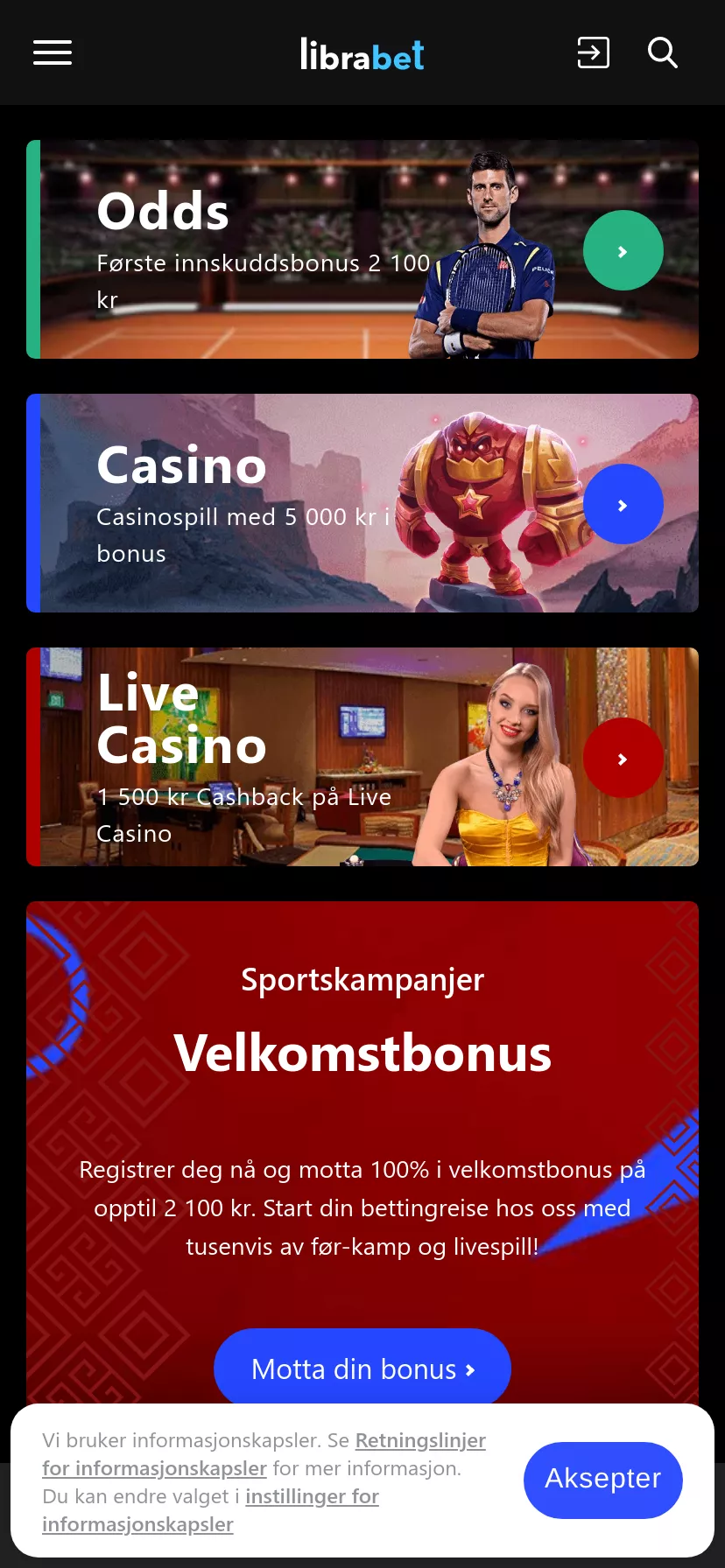 Mobile screen. LibraBet 100% up to kr5000 + 200 FS + 1 Bonus Crab