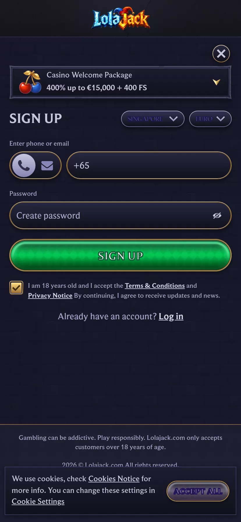 Mobile screen. LolaJack Up to $15000 + 400 FS