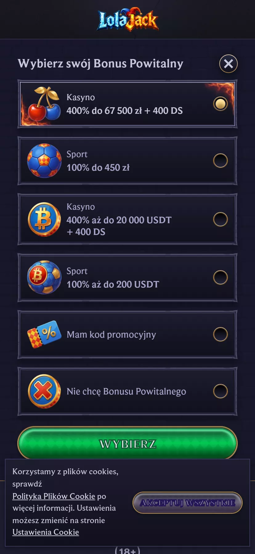 Mobile screen. LolaJack Up to zł67500 + 400 FS