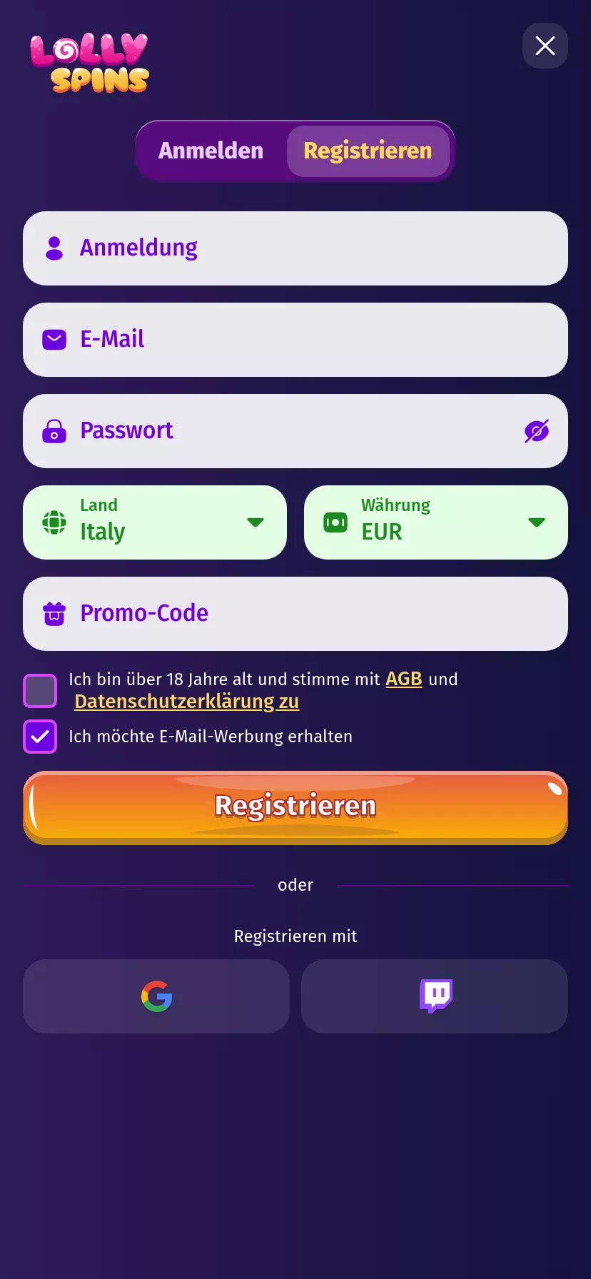 Mobile screen. Lolly Spins Casino Fino a €2200 + 350 FS