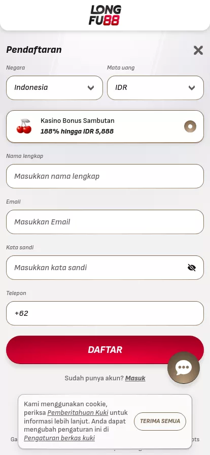 Mobile screen. Longfu88 188% up to Rp5888 + 18 FS + 1 Bonus Crab