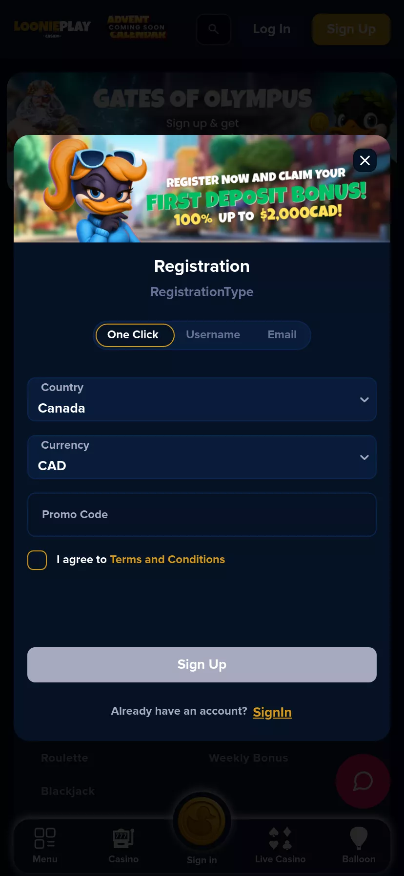 Mobile screen. LooniePlay Play on casino