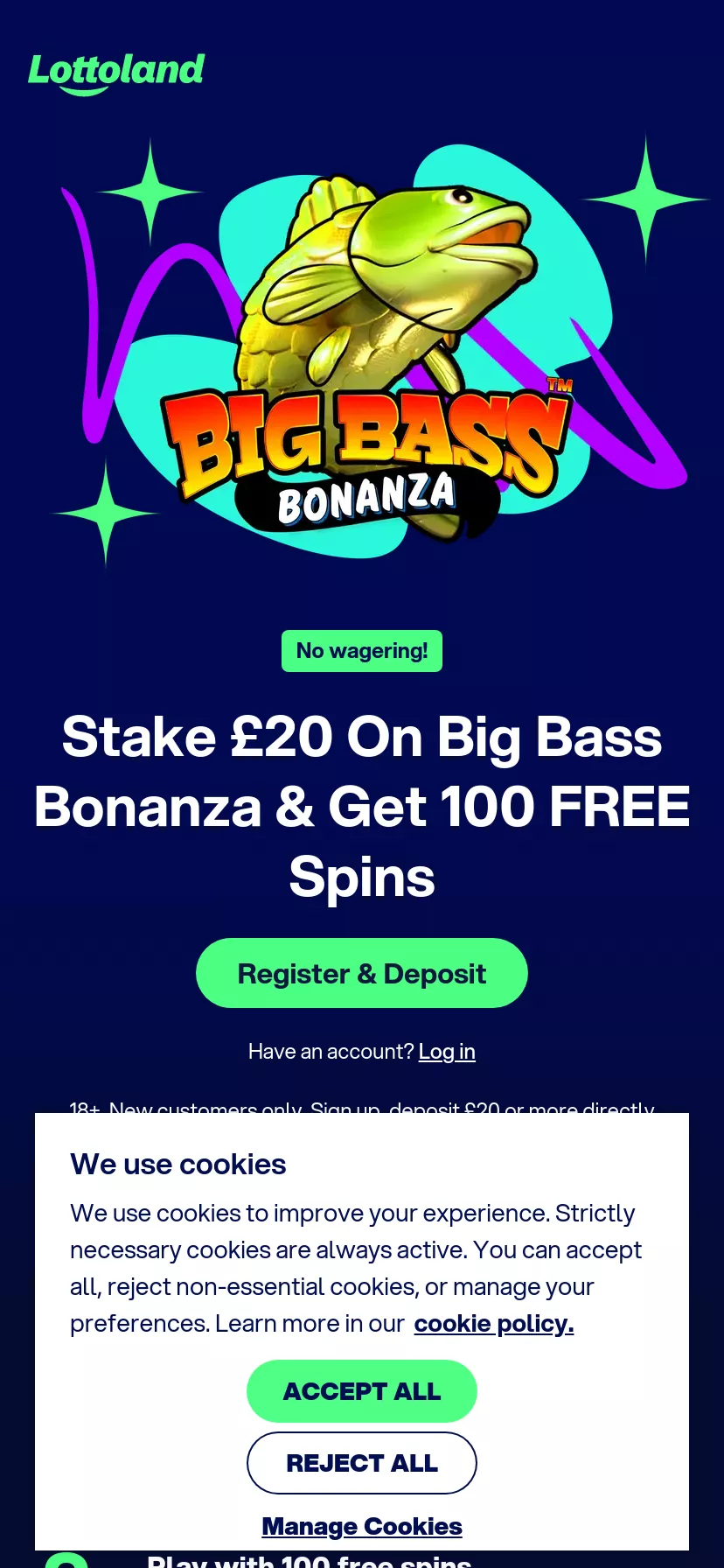 Mobile screen. Lottoland Get 100 Free Spins