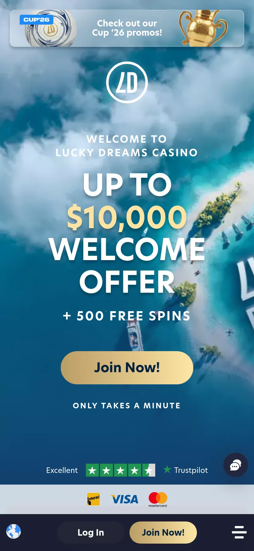 Mobile screen. Lucky Dreams Up to $10000 + 500 FS