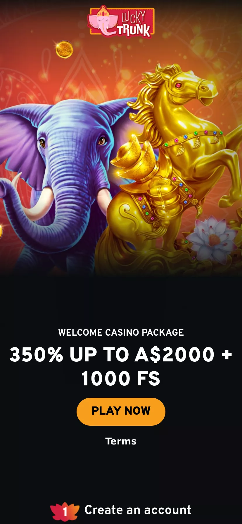 Mobile screen. Lucky Trunk Casino Up to $1200