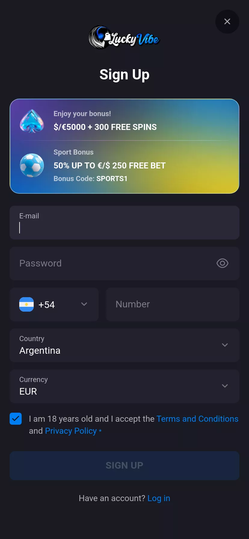Mobile screen. Lucky Vibe Up to $5000 + 300 FS