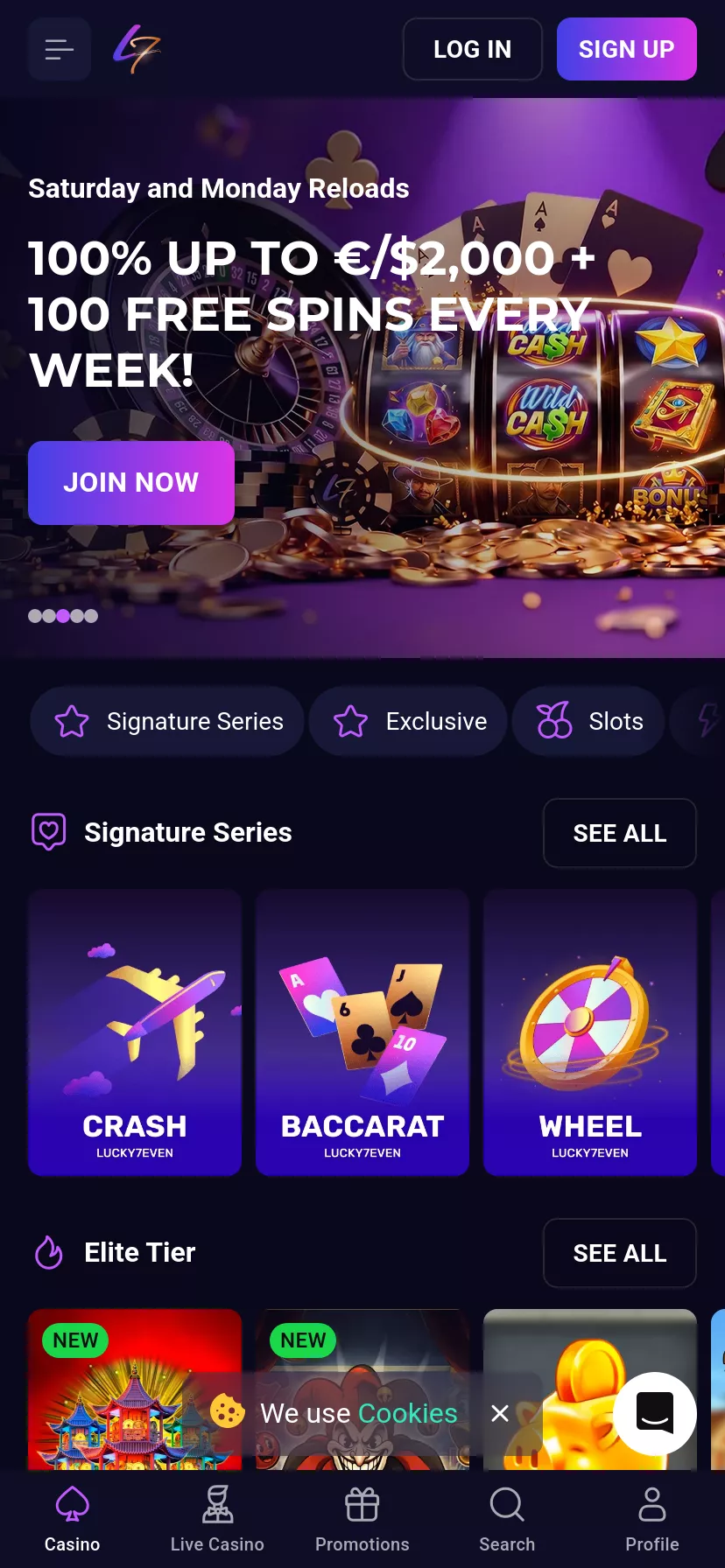 Mobile screen. Lucky7 Casino 100% up to $1000 + 100 FS