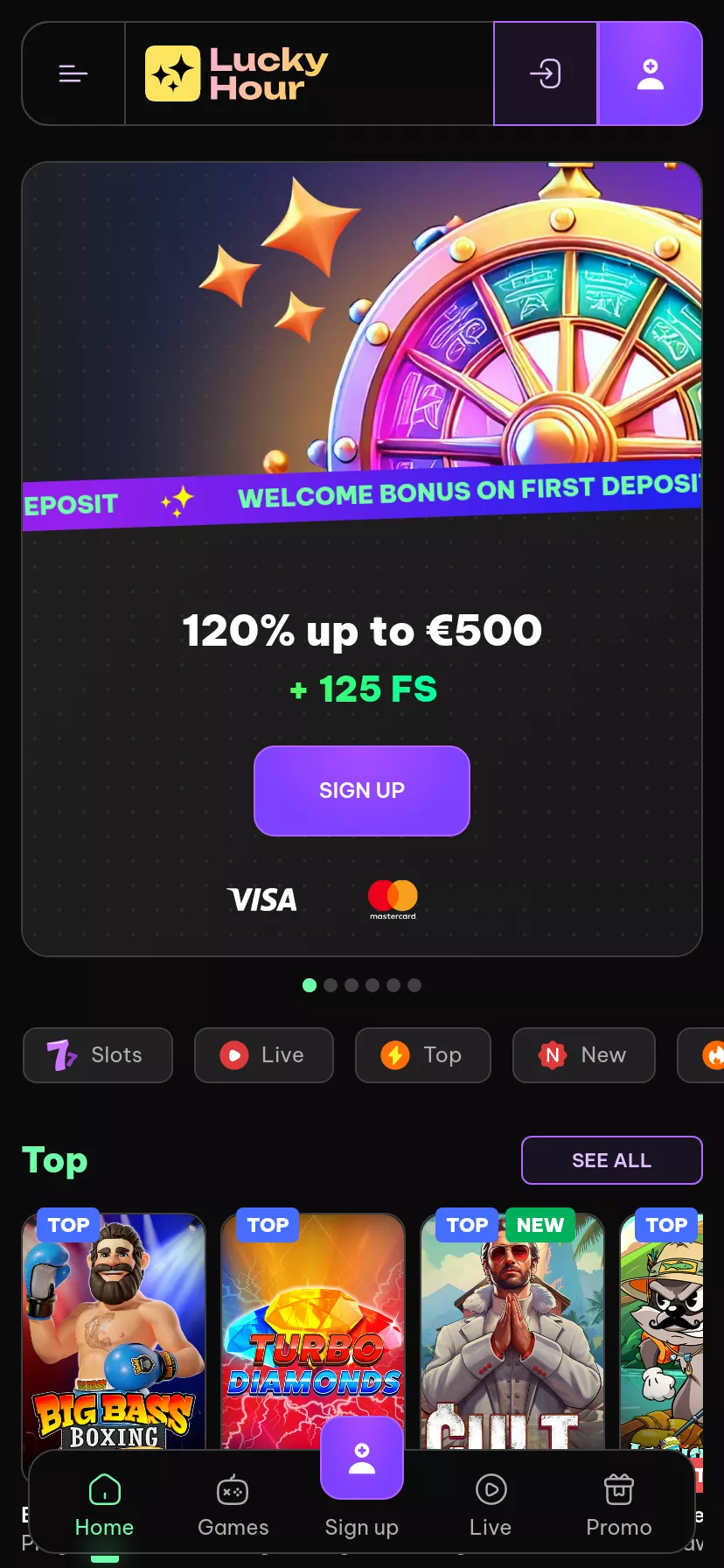Mobile screen. LuckyHour 120% up to C$800 + 125 FS
