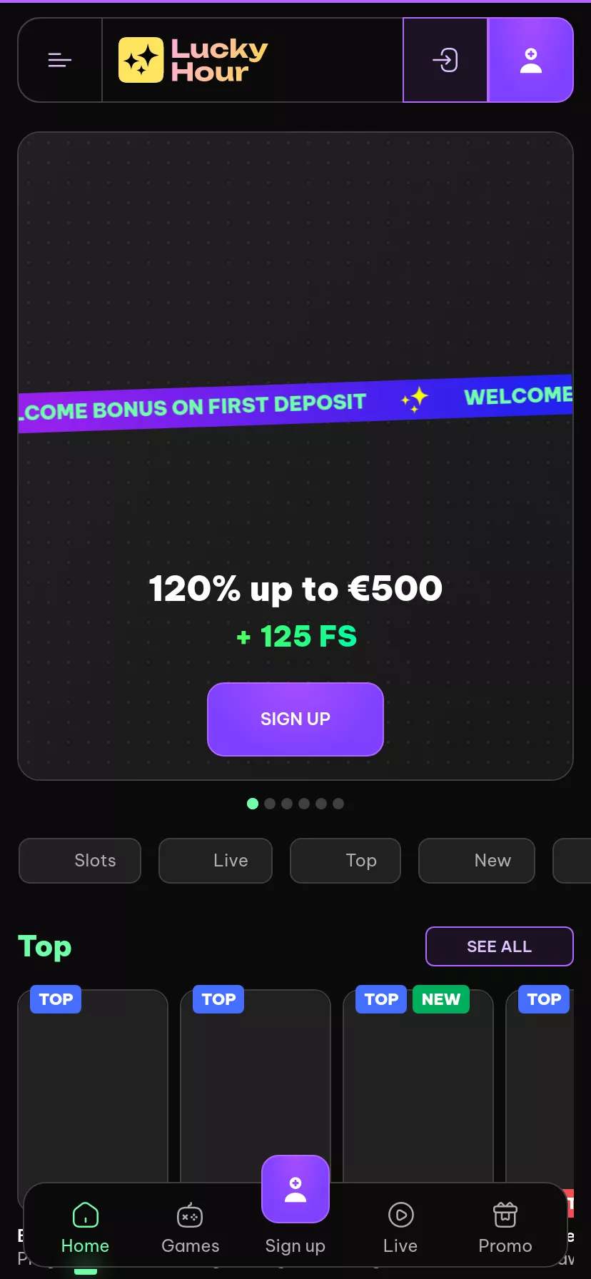 Mobile screen. LuckyHour 120% up to $500 + 125 FS