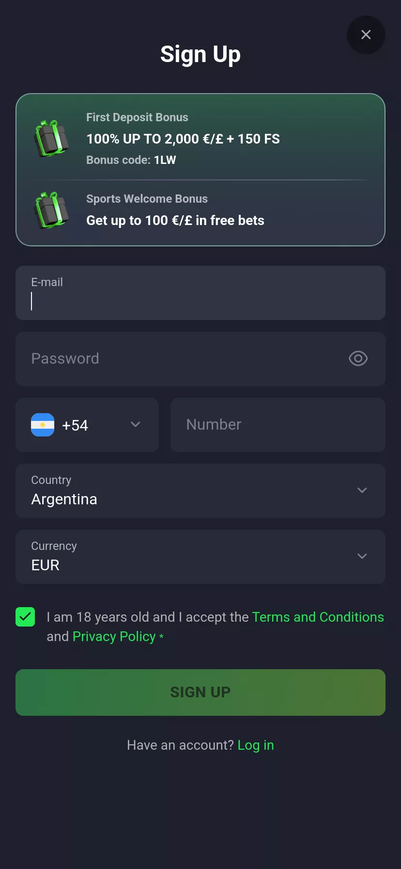 Mobile screen. LuckyWave Get 100 FS