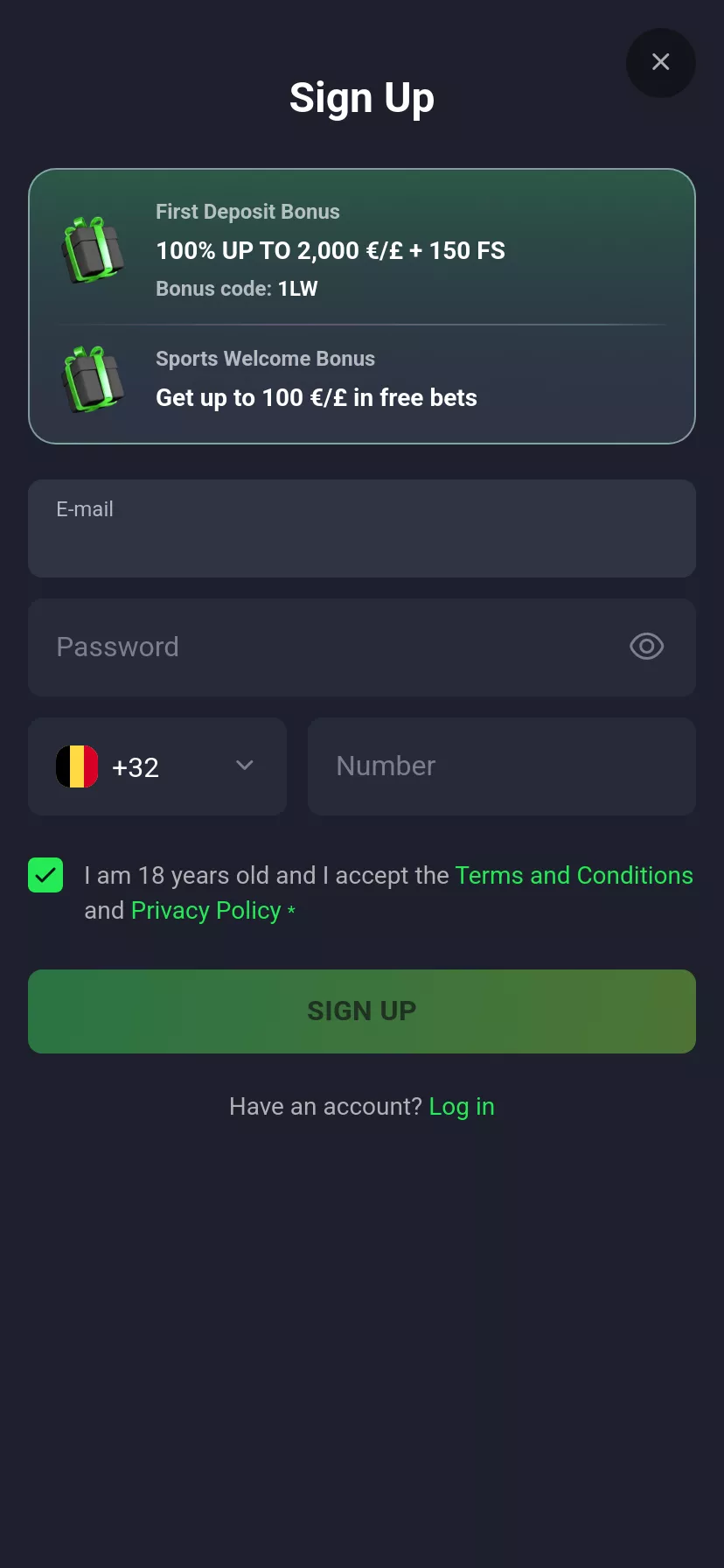 Mobile screen. LuckyWave Up to €15000 + 300 FS
