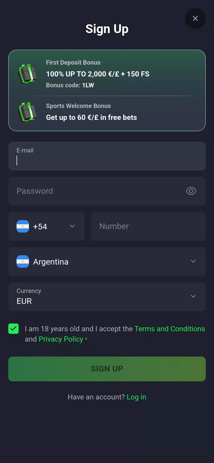 Mobile screen. LuckyWave Up to $15000 + 300 FS