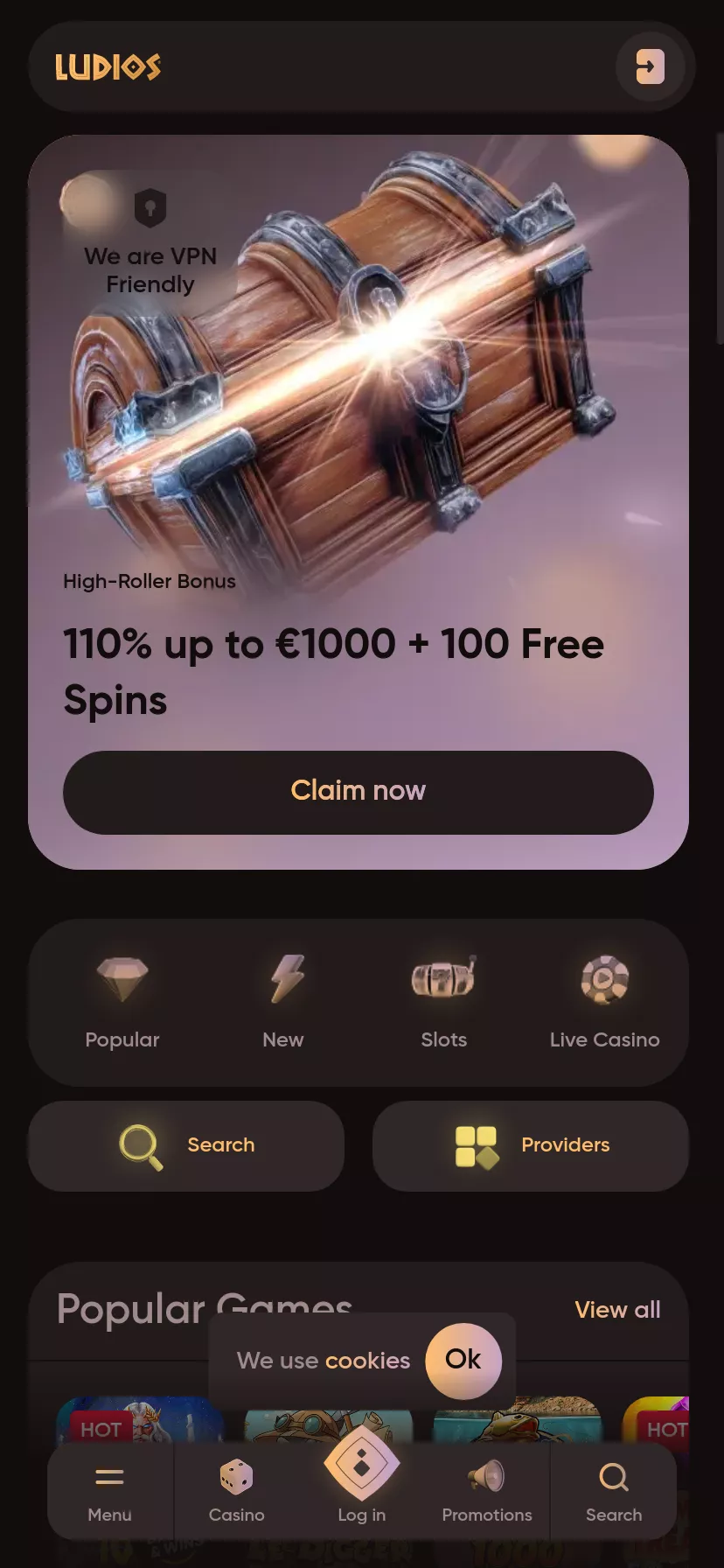 Mobile screen. Ludios 110% up to $1000 + 100 FS