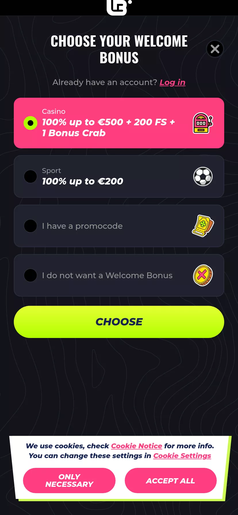 Mobile screen. LunuBet 100% up to $500 + 200 FS