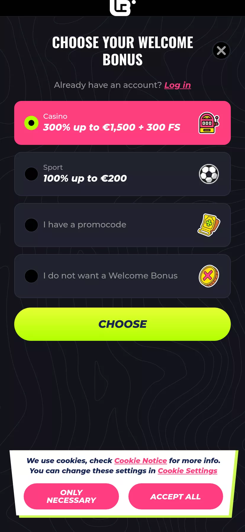 Mobile screen. LunuBet 100% up to zł2250 + 200 FS + 1 Bonus Crab