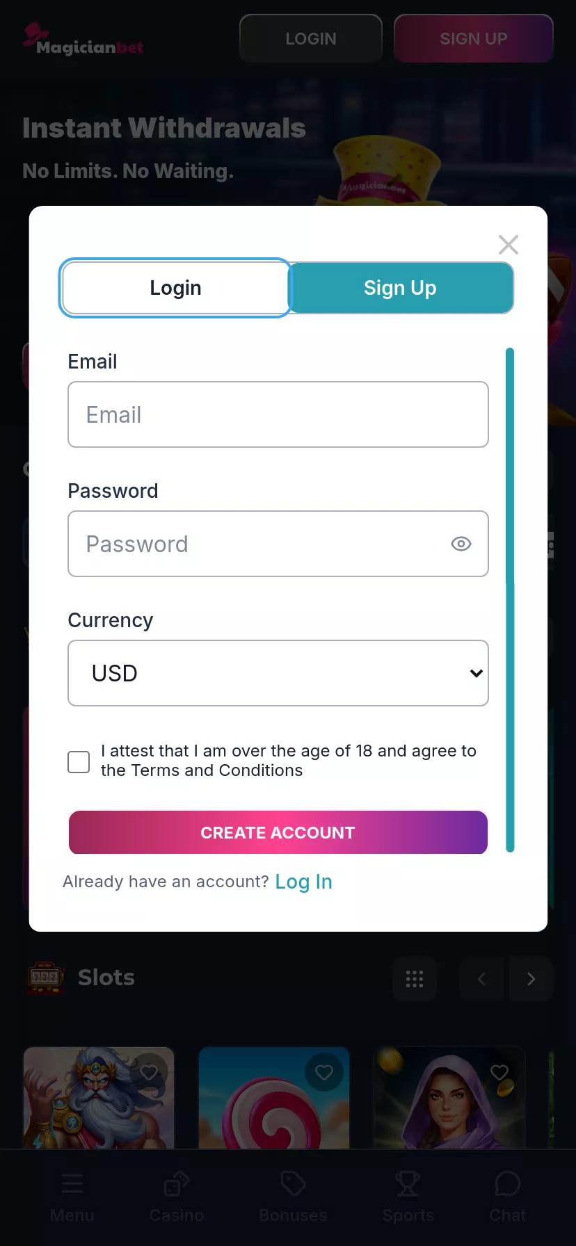 Mobile screen. Magicianbet Up to $1500
