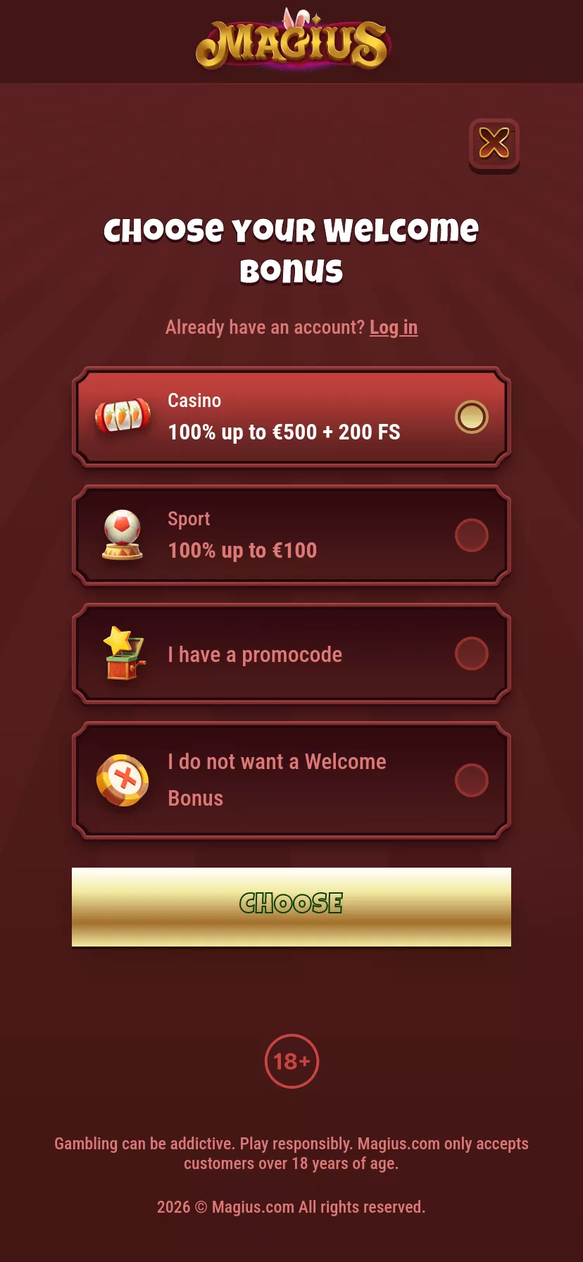 Mobile screen. Magius Casino 100% up to $500 + 200 FS + 1 Bonus Crab