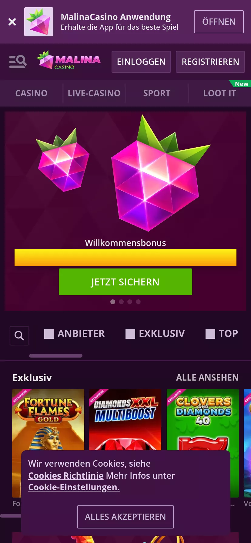 Mobile screen. Malina Casino 100% up to $500 + 200 FS + 1 Bonus Crab