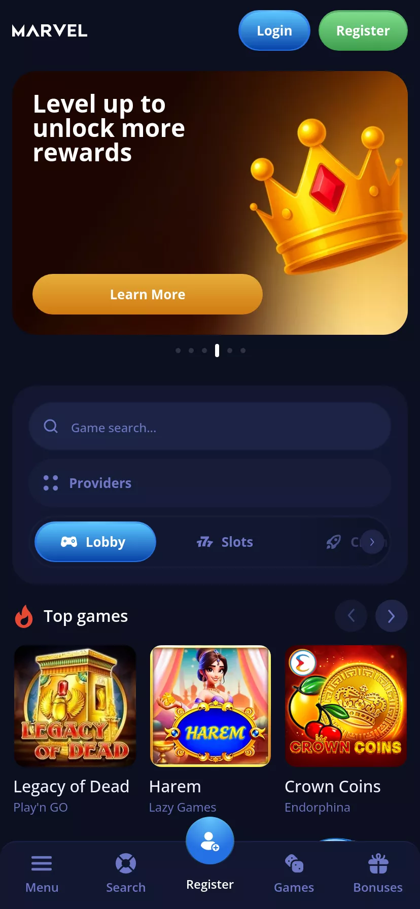 Mobile screen. Marvel Casino 700% + 500 FS