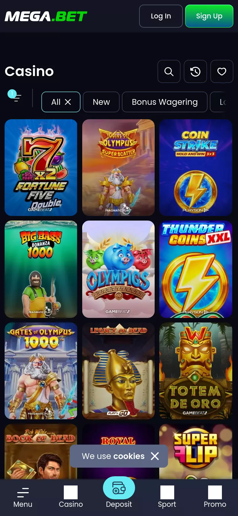 Mobile screen. Casino MegaBet Up to $12000 + 777 FS